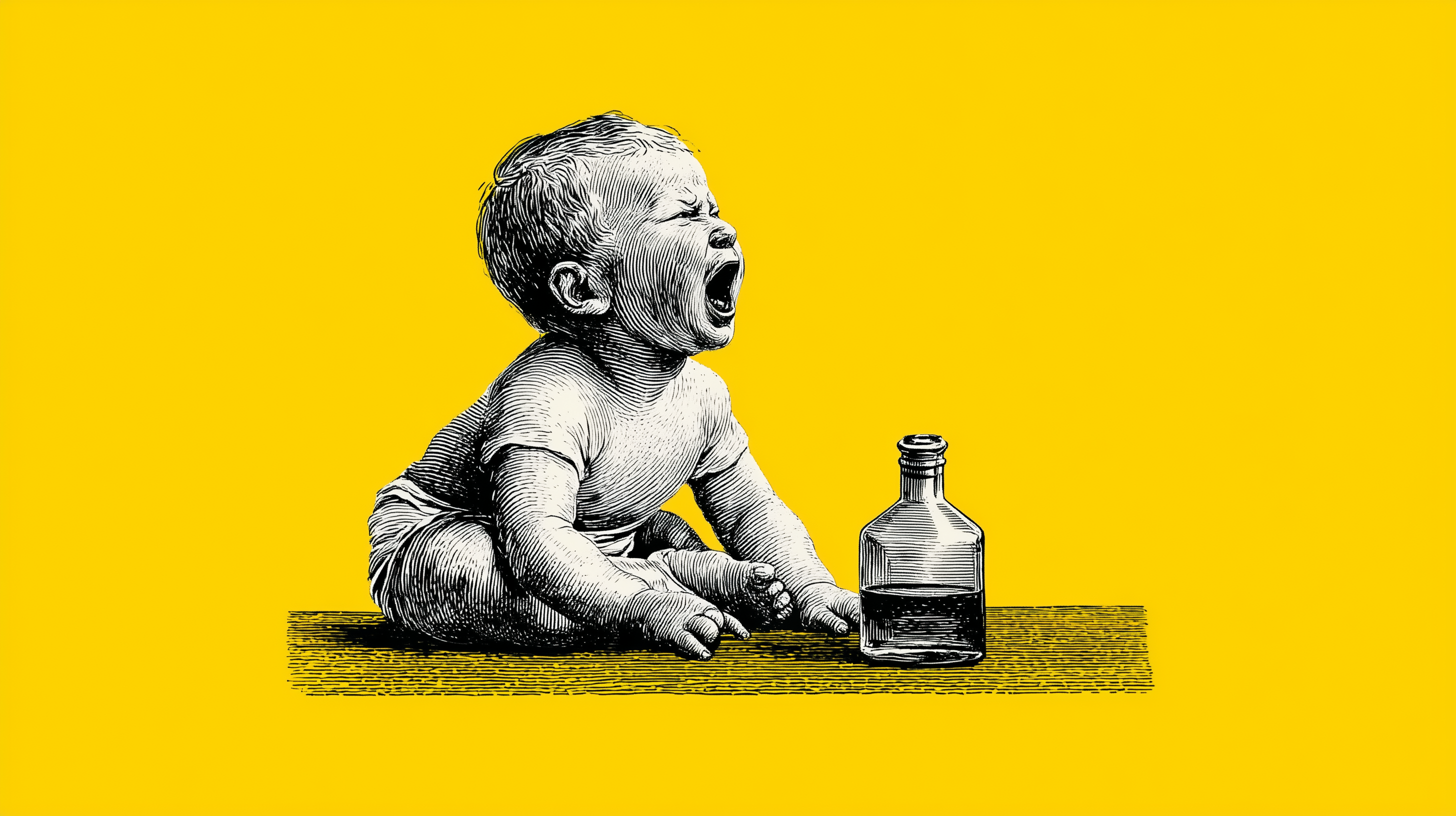 Vintage-style illustration of a crying infant next to an empty bottle, symbolizing the baby formula supply chain crisis